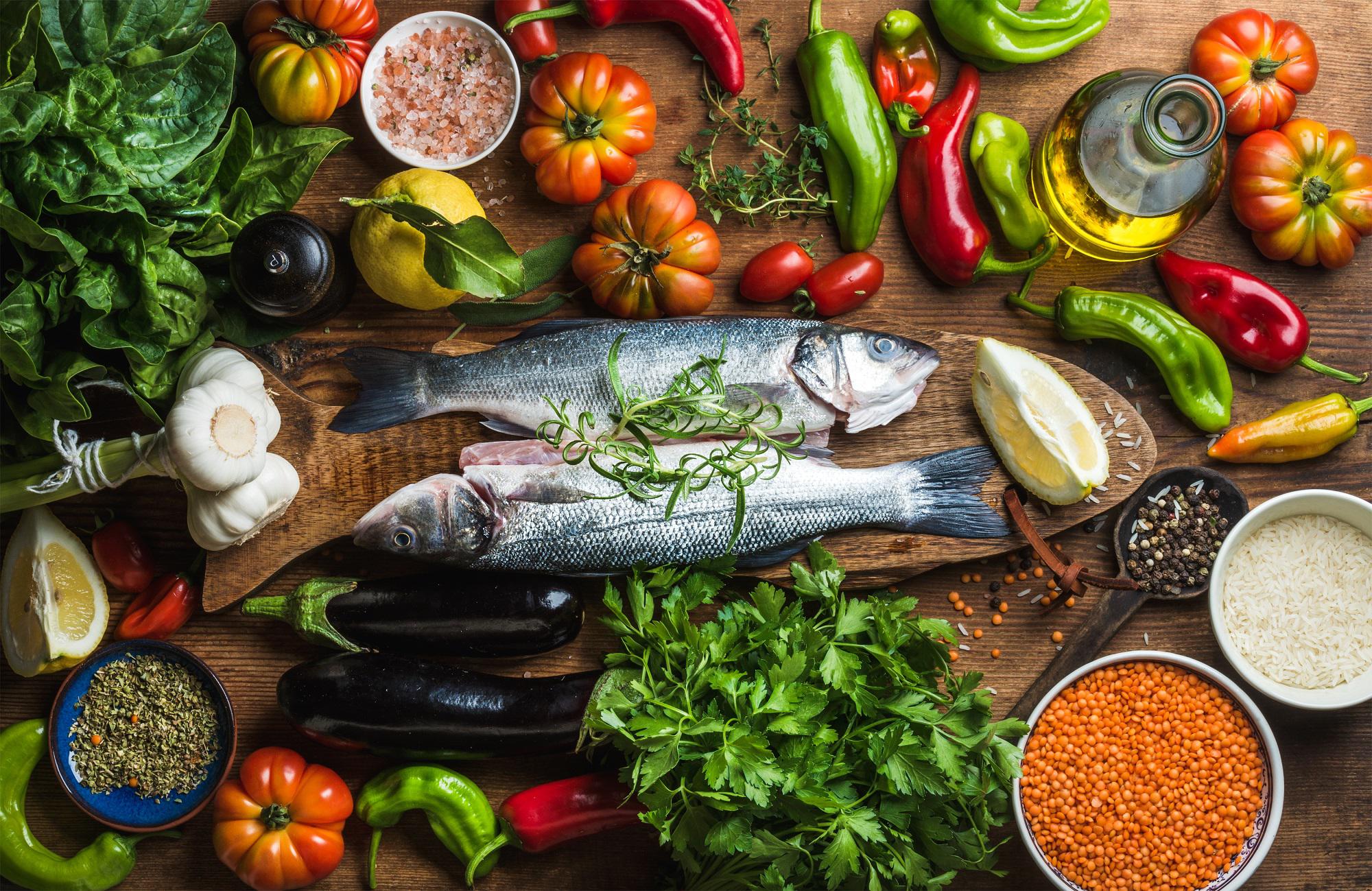 Raw fish, vegetables, and other ingredients for Mediterranean diet | Bahama Bay